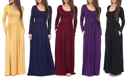 Women's Long Sleeve Ruched Maxi Dress with Pockets. Plus Sizes Available.