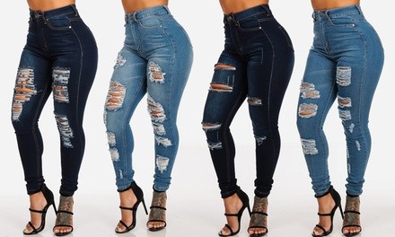 Women's Ultra High-Waist Distressed Stretchy Skinny Jeans  