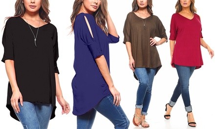 Isaac Liev Women's V-Neck Cutout Shoulder Tunic 