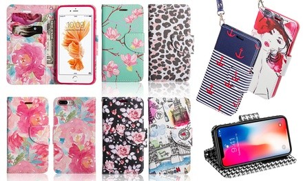 Fashion Stylish Design Folio Credit Card Wallet Phone Case with Strap - iPhone 6, 7, 8, or 6/7/8 Plus, or iPhone X or XS