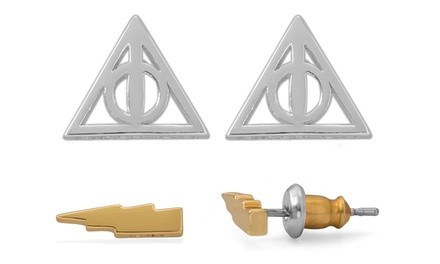 Kids Harry Potter Sign of the Deathly Hallows and Lightning Bolt Stud Earrings Set (2-Pack)