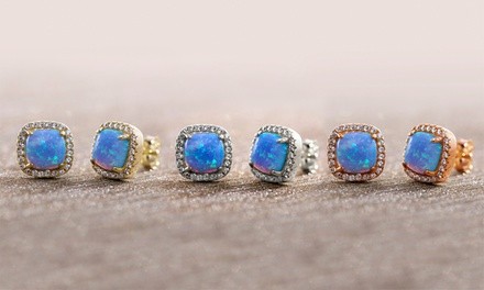 Nina & Grace Blue Opal Square Studs in 14K Gold over Sterling Silver