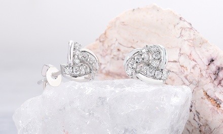 Crystal Love Knot Stud Earrings in 18K White Gold Plating