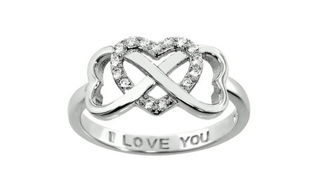 I Love You Engraved Cubic Zirconia Interlocking Heart Ring in Plated Sterling Silver by Elements of Love