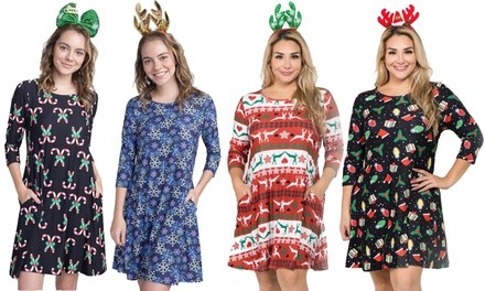 Women's Christmas Print Dress with Pockets and Free Headband. Plus Sizes Available.