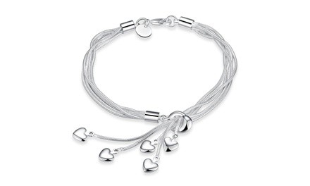 Dangling Five Heart Charm Bracelet in Sterling Silver Plating 