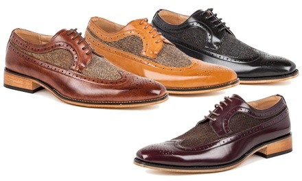 Gino Vitale Men's Long Wing Brogue Herringbone Dress Shoes