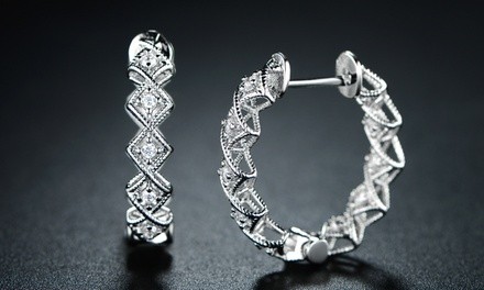 Rhodium Plated Filigree Hoop Earrings Made with Swarovski Elements by Barzel