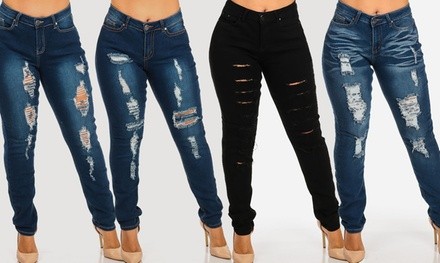 Women's High-Waist Distressed Stretchy Jeans in Plus Sizes