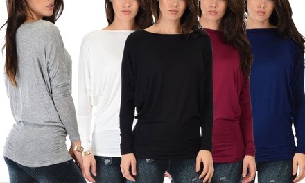 Lyss Loo Basic Instincts Women's Long-Sleeve Dolman Tunic Top. Plus Sizes Available. Single or 3-Pack.